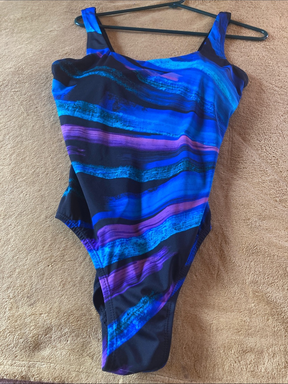 Source Unknown Black Swimsuit with Blue & Purple Brushstroke Stripes